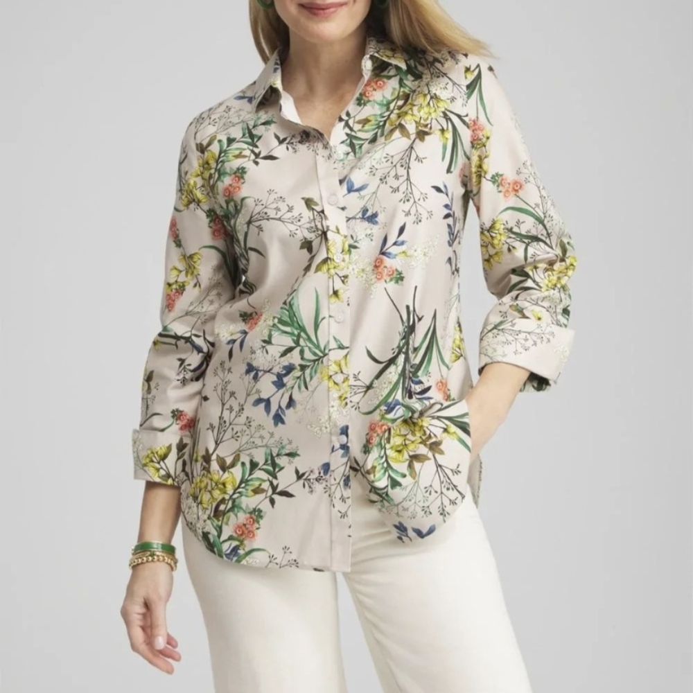CHICO'S floral sateen button front shirt L